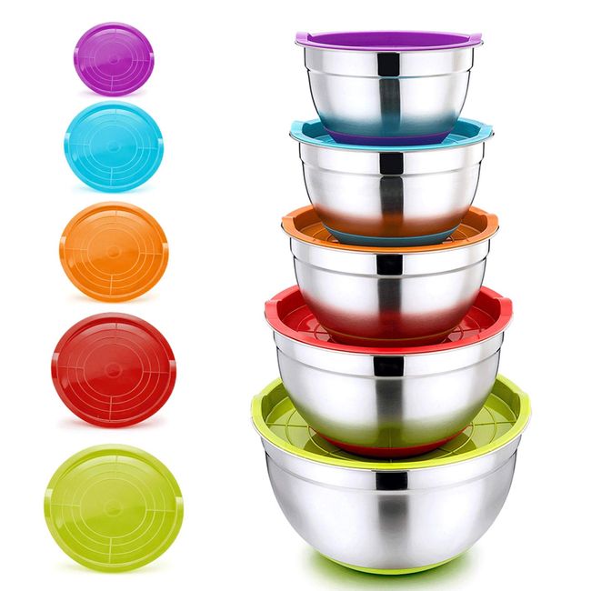 Stainless Steel Mixing Bowls Set of 5, Non Slip Colorful Silicone Bottom Nesting