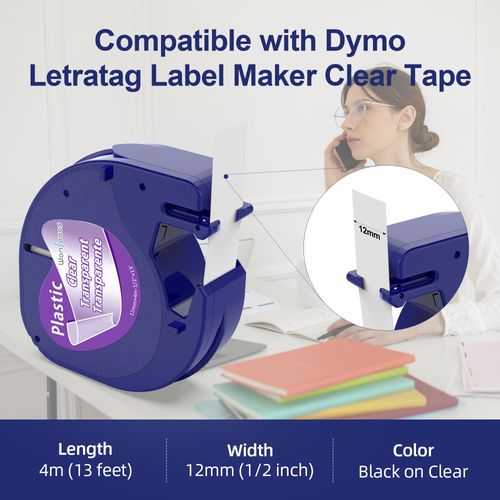 6 x Compatible with Dymo Label Maker Refills Clear Transparent 1/2'' x 13', Label Maker Clear Tape Compatible with Dymo Letratag Refills Plastic Tape Work for LT-100T LT-100H XR XM 200B