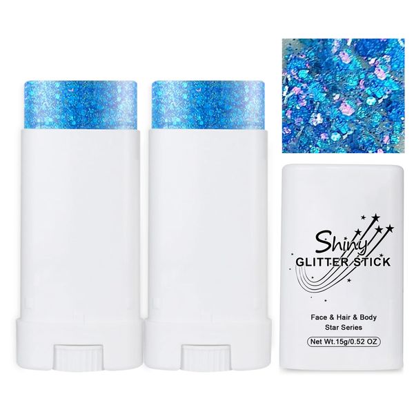 2 PCS Body Glitter Stick,Blue Body Glitter Stick for Singer Concerts,Waterproof Mermaid Face Glitter, Music Festival Chunky Glitter Makeup, Hair Glitter for Kids and Woman (03# Blue)