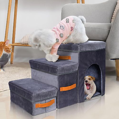 Foldable Dog Stairs for Bed,3-Step Pet Stairs for Small Dogs, Dog Ramp with 2 St
