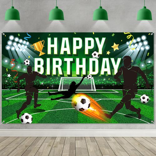 Tatuo Soccer Birthday Party Backdrop, Polyester Football Field Background with Happy Birthday Lettering, Includes White Rope, 5.9 x 3.6 ft