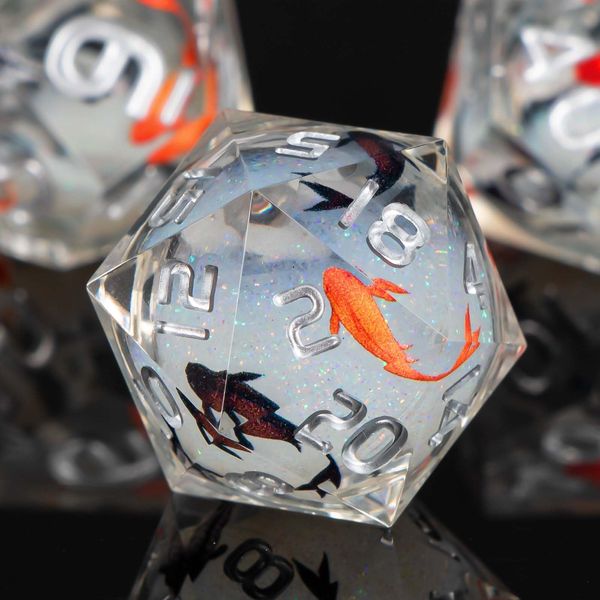 KERWELLSI Sharp Edge Resin Dungeons and Dragons Dice Set D&D, 7Pcs Polyhedral Liquid Core Koi Fish DND Dice with Gift Box, Float Sticker D and D RPG Role Playing Dice D20 D12 D10 D8 D6 D4