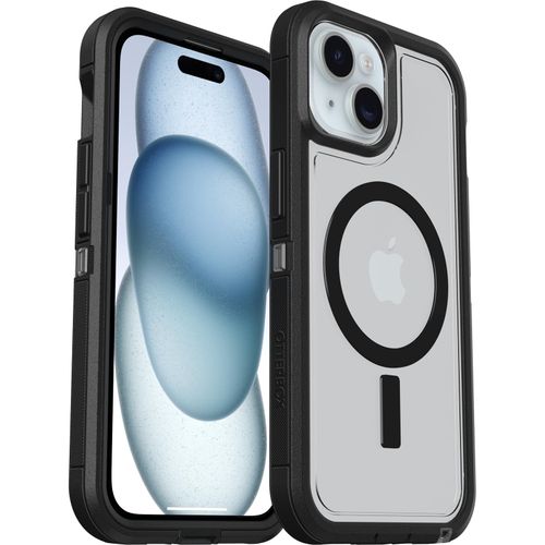 OtterBox iPhone 16e, 15, 14, & 13 Defender Series XT Clear Case - DARK SIDE (Black/Clear), screenless, rugged , snaps to MagSafe, lanyard attachment (ships in polybag)