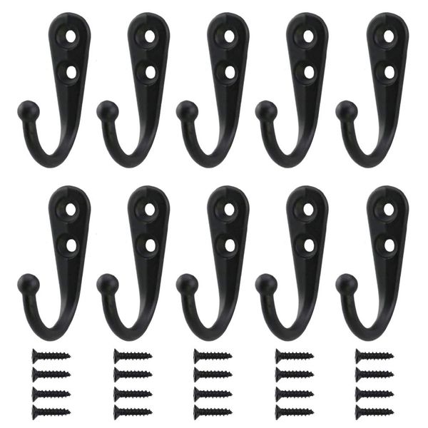 10 Pieces Wall Mounted Hooks Coat Hooks Robe Hooks Hangers with 20 Pieces Screws in Nickel,Black