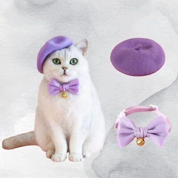 2 Pcs Pet Wool Beret & Bow Tie Bell, Winter Headwear for Cats & Dogs