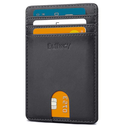 Buffway Mens Slim Wallet, Minimalist Thin Front Pocket Leather Credit Card Holder with RFID Blocking for Work Travel - Boston Black