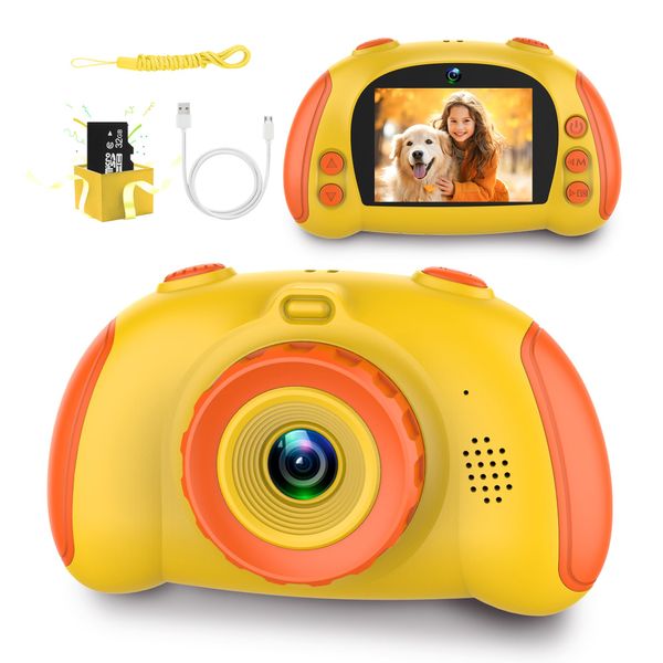 Kids Camera, Camera for Kids 3-12, Kids Digital Camera for Boys and Girls, with 32G SD Card, Toddler Camera with 2.4-Inch Screen for Kids at Birthday, Christmas (Yellow with Orange)