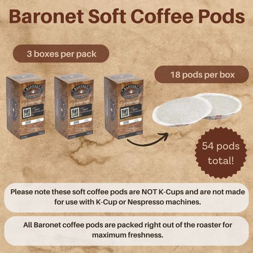 Baronet Coffee Pods [French Roast Kenya-54 Pods] Single Cup Use, Like Senseo Coffee Pods [3 Boxes of 18 Single Serve 10 Gram Pads] Regular Strength Soft Coffee Pods, Dark Roast [French Roast Kenya]