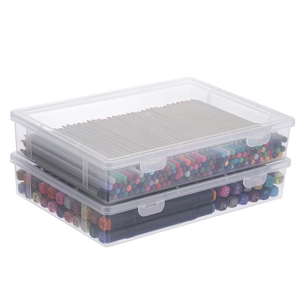 BTSKY 2 PCS Medium Size Clear Stackable Rectangular Storage Box with Flap Lid - Home/Office Plastic Desk Organizer Storage Organzier Makeup Stograge Containers Storage Cases
