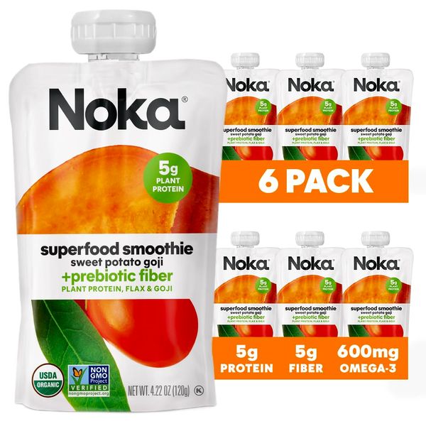 NOKA Superfood Pouches (Sweet Potato Goji) 6 Pack | 100% Organic Fruit And Veggie Smoothie Squeeze Packs | Non GMO, Gluten Free, Vegan, 5g Plant Protein | 4.2oz Each