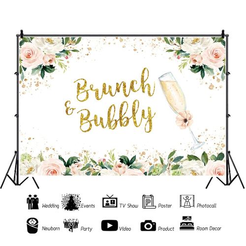 DORCEV 10x8ft Brunch and Bubbly Bridal Shower Photography Backdrop Pink Floral Green Leaves Bridal Shower Wedding Background Champagne Flowers Wedding Bridal Shower Party Backdrops Decorations Vinyl