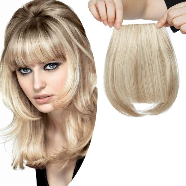 Flat Clip In On Bangs Fringe Hair Extension One Piece Synthetic With Temples Fringe Hairpiece Hair Accessories For Womens, Sandy Blonde & Bleach Blonde