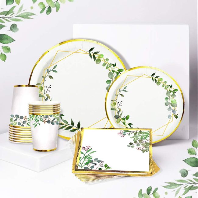 Ola Memoirs Greenery Safari Plates and Napkins for 24 Boho Party Supplies Jungle Theme Baby Shower Paper Disposable Cups Birthday Decorations Bridal Floral Tropical Wedding Gold Green Decor Boy Girl