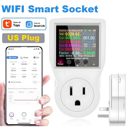 Electricity Usage Monitor Plug Intelligent Outlet Plug in Socket Power Meter Watt Meter Smart Metering Socket Realtime Monitoring AC85‑265V US Plug 16A Maximum Current 3680W
