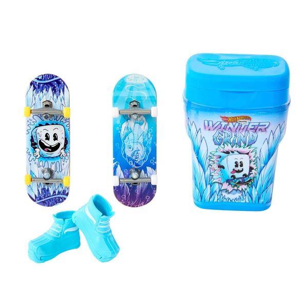 Hot Wheels Winter Grind Skate Flavor Container with 2 Fingerboards and 1 Pair of Removable Skate Shoes