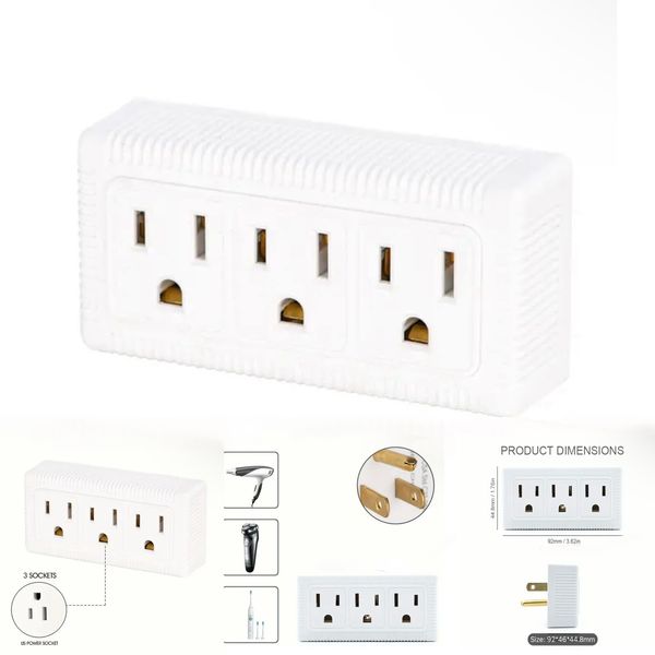3 Outlet Wall Tap Indoor Extender Grounded AC PowerTravel Adapter Plug