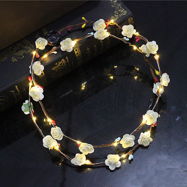 YADIRF Led Light Women Flower Girl Headband Glow Blinking Crown Hair Wreath For Halloween Cosplay Holiday Wedding Party (White)