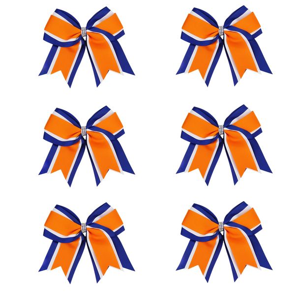 8 Inch 3 Colors 3 Layers 6 Pcs Cheerleader Bows Jumbo Cheerleading Bows Hair Elastic Hair Tie for High School College (Royal blue/White/Orange)