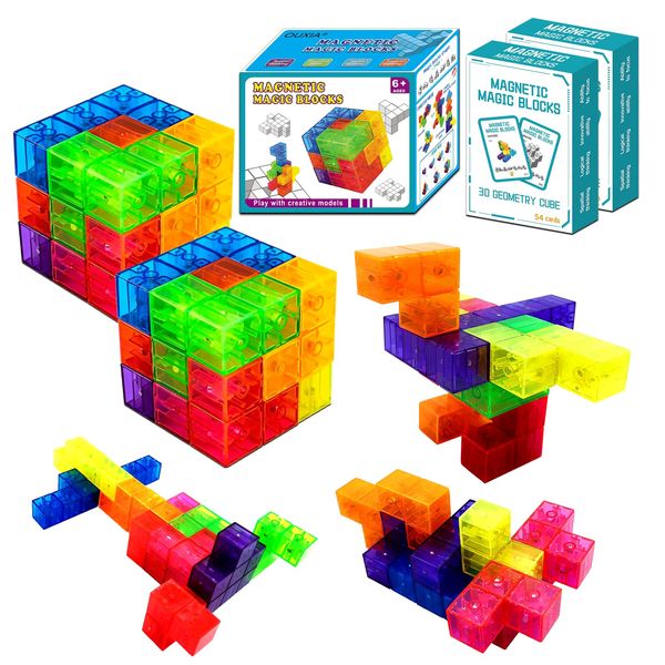 OUXIA Magnetic Building Blocks Magic Magnetic 3D Puzzle Cubes, Set of 14 Multi Shapes Magnetic Blocks with 54 Guide Cards, Children's Educational Toys 2/Set