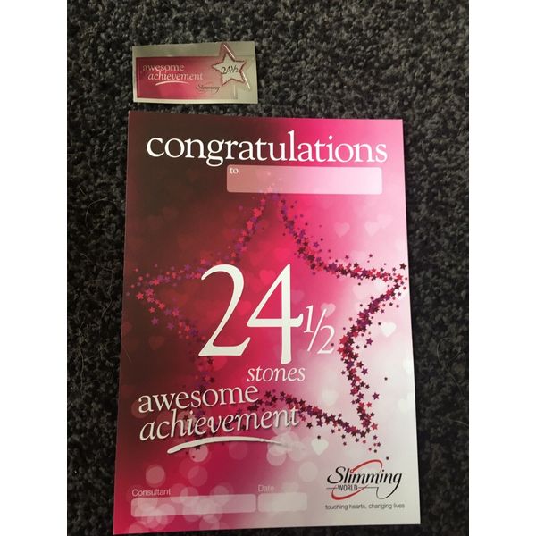 Slimming World 24 1/2 Stone Award Certificate And Sticker