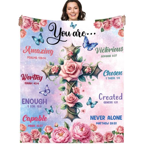 Christian Inspirational Gifts Blanket for Women: Bible Verse Throw Blanket with Cross Rose Butterfly, Religious Prayer Comfort Blanket Birthday Gifts for Mom Grandmother Pastor Wife Appreciation