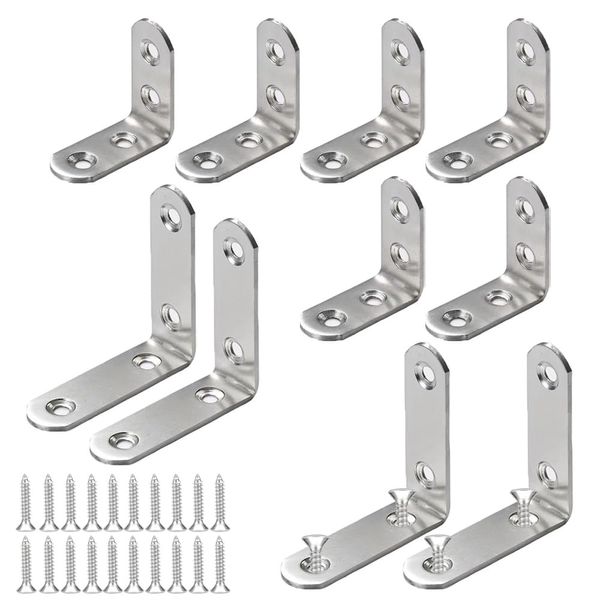 YIXINLYMY L-Shaped Metal Bracket, Angle, 10 Pieces, Stainless Steel, L-Shaped Hardware, Hardening Hardware, Corner Brace, Joint Alloy, Shelf Bracket, L-Shaped Angle, 1.6 x 1.6 inches (40 x 40 mm), 6 Pieces, 2.6 x 2.6 inches (65 x 65 mm), 4 Pieces, Thickne