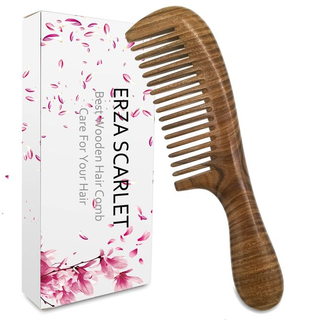 ERZA SCARLET Hair Comb Wooden Wide Tooth Comb for Curly Hair Detangling Green Sandalwood Comb