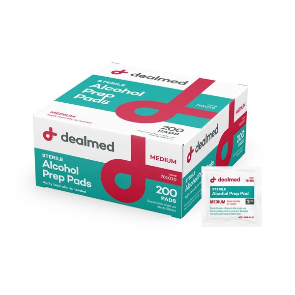 Dealmed Alcohol Prep Pads – 200 Count Medium Size Alcohol Pads, Latex-Free Alcohol Wipes, Gamma Sterilized Wound Care Products for a First Aid Kit and Medical Facilities