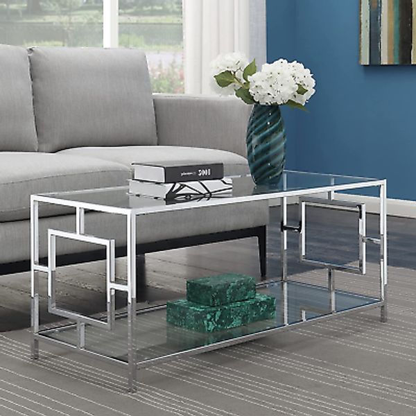 42" Modern Coffee Table Geometric Design Elegant Chrome with Glass Top & Shelf