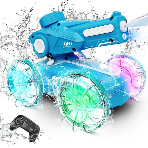 Tecnock Amphibious Remote Control Car Boat for Kids, 2.4GHz 4WD Water Squirt RC Stunt Car with LED Lights, 45-Minute Playtime, Pool Toy Gift for Boys and Girls Ages 6+