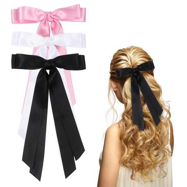 3 Pack Hair Bows for Women Hair Clips Satin Hair Ribbon Accessories, Metal Clip Bow Hair Clips for Girls(Black, White, Pink)