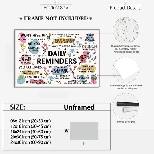 Artellix Daily Reminders Poster Inspirational Wall Art Trendy Motivational Positive Affirmations Posters Uplifting Mental Health Wall Decor for Home Office Classroom 8x12inch Unframed
