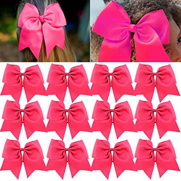 CEELGON 12PCS 8" Large Cheer Bows Ponytail Holder Elastic Hair Ties Pink Grosgrain Ribbon Cheerleading Bows for Teens Women Girls Sports Cheerleaders