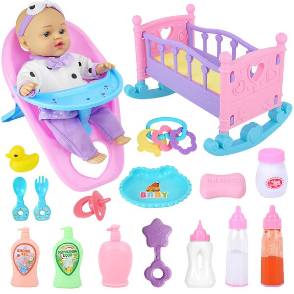 SMILESSKIDDO 12" Interactive Soft Body Dolls for Girls - Baby Doll Play Set, Dolls Pretend Role Playsets with Crib, Baby Bottle, High Chair Feeding Accessories