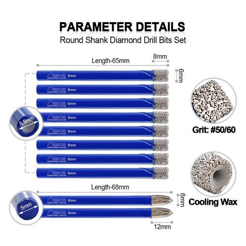 SHDIATOOL Diamond Drill Bits 6mmx8,with Carbide Tip Drill 6mmx2,Core Bits with Round Shank Hole Saw Cutter for Porcelain Tile Marble Ceramic Granite,Dry Wetting Drilling, 10pcs Total