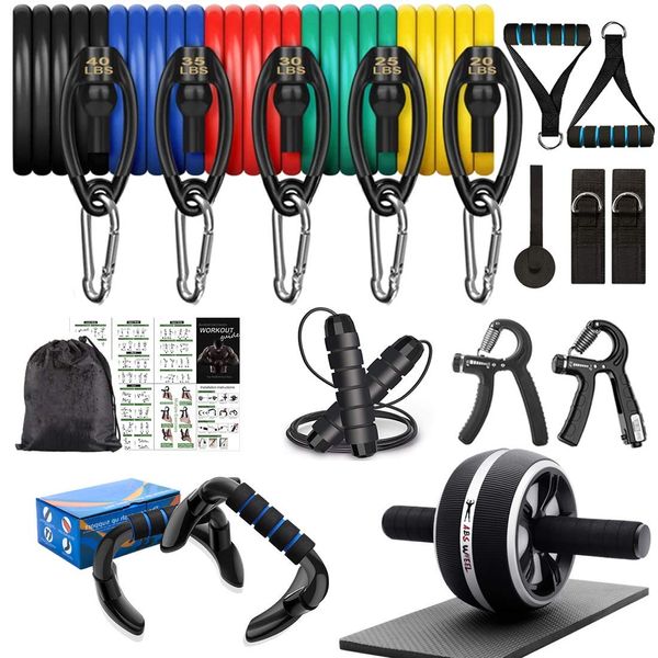 Resistance Bands Set Workout Bands，8-in-1 Ab Wheel Roller Kit with Knee Pad,Push Up Bars,Hand Grip Strengthener,Jump Rope,Home Gym Workout Exercise Equipment for Men Women