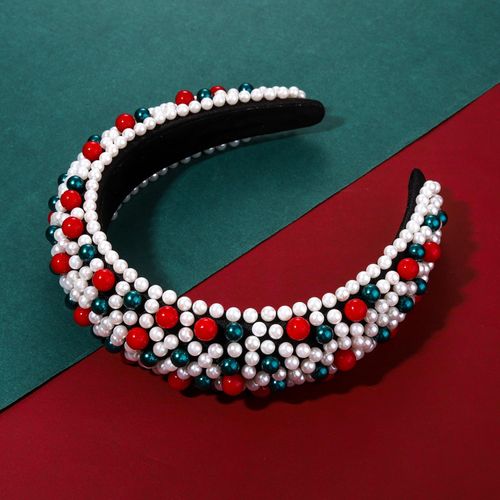 Crystal Headbands for Women, Christmas Padded Pearl Headband Xmas Bejewelled Rhinestone Pearl Bridal Hair Hoop Wedding Hair Accessories (White Red Green)