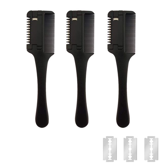 3 Pcs Hair Razor Combs with Extra 3 Pcs Replacement Razors, MSDADA Hair Cutter Comb for Thin and Thick Hair, Double Edge Razor Hair Cutting Comb Hair Thinner Trimmer Razor Comb for Thinning Trimming