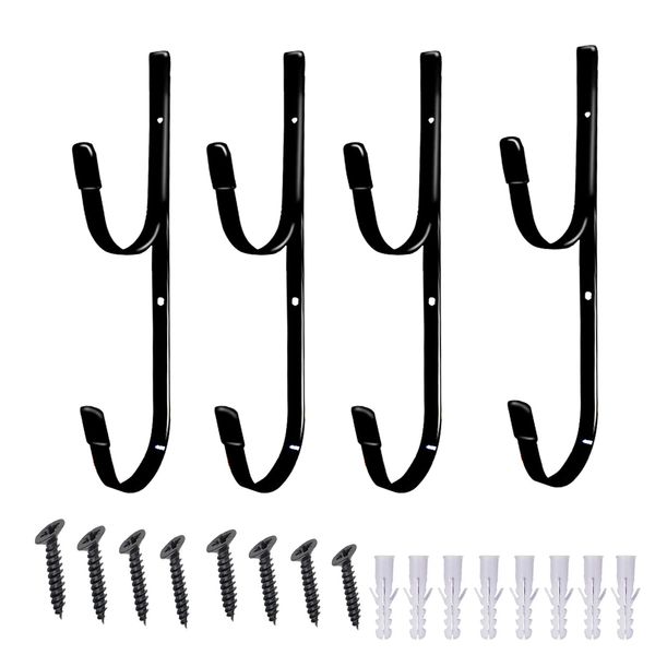 4pcs Pool Pole Hanger, Swimming Metal Brackets Pool Hook Hanger with 8pcs Screws for Telescopic Poles, Skimmers, Leaf Rakes, Net, Brush, Vacuum Hose, Garden and Pool Accessories. (Black)