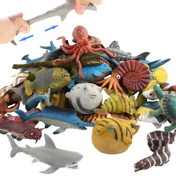 18 Pack Assorted Ocean Animal, Stretchy and Floating Rubber sea Animals Toy Set, Mini Realistic Under The Sea Life Figure for Toddler Bath Bathtub, Shark Octopus Fish Toys Bulk for Kid Squishy Party