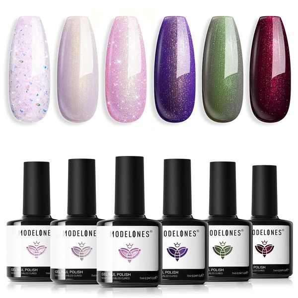 Modelones Smalti Semipermanenti Unghie, 6 Colori Glitter Bianco Rosa Viola Grigio Marrone, Smalto Gel Unghie UV Gel French Manicure, 7ml