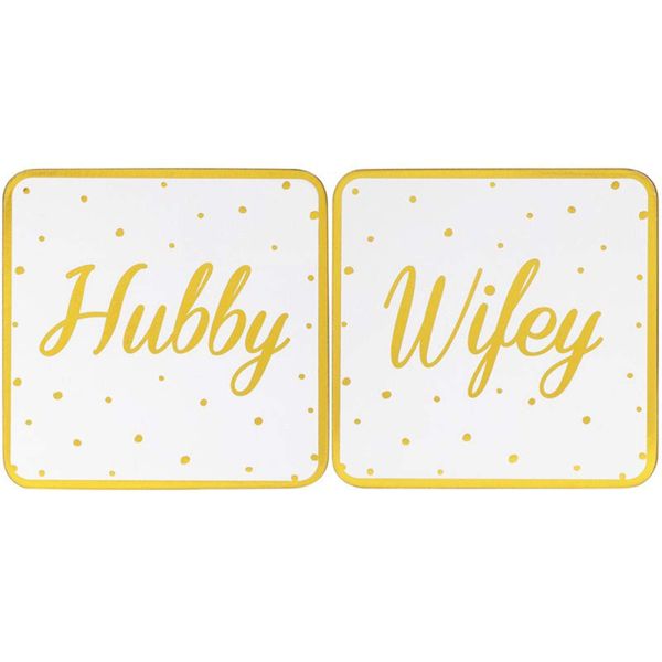Gold Spotted Hubby And Wifey Coaster Set