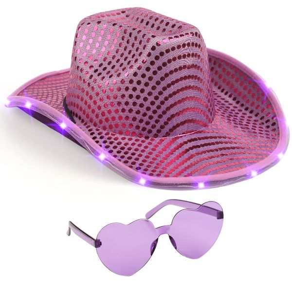 Funcredible Purple Light Up Cowboy Hat and Glasses - Sequin Cowgirl Hat - Sparkly Led Cowgirl Hat for Women - Cowgirl Costume Accessories