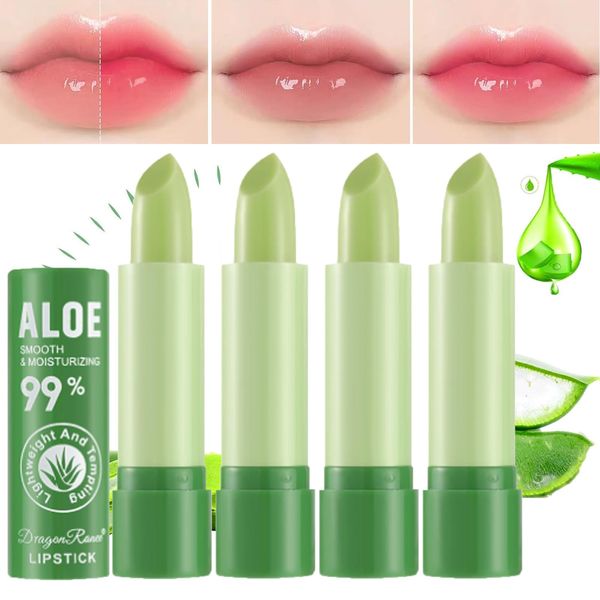 Pakivs 4 Pcs Aloe Vera Color Changing Lipstick,Long Lasting Nutritious Moisturizing Lip Balm Magic Temperature Colour Changing Lip Stick for Women