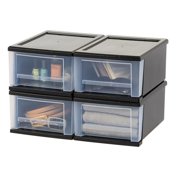 IRIS USA 7 Qt. Plastic Stackable Storage Drawers, Small, 4 Pack, Multi-Purpose Bins for Bedroom, Bathroom, Closet, Craft Room, Garage, Kids Room, Office, Pantry, Under Sink, Black