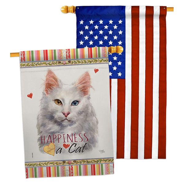 Breeze Decor Turkish Angora Happiness House Flag Pack Cat Kitten Meow Spoiled Paw Fur Pet Nature Farm Animal Creature Applique Banner Small Garden Yard Gift Double-Sided, Made in USA