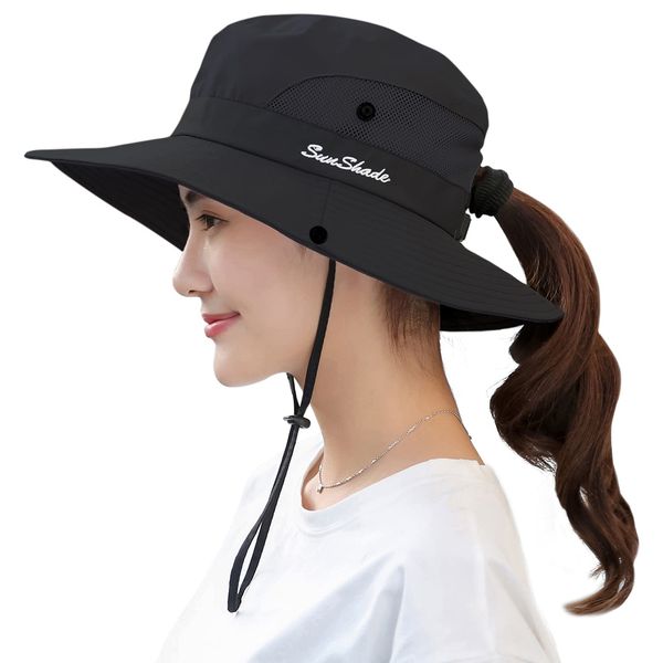 Sun Hat, Women's Hat, UV Protection, Ponytail, Outdoor Hat, Safari Hat, For Work, Bicycle Hat, Wide Brim, Women's Cap, Foldable, 2-Way Wear, Black