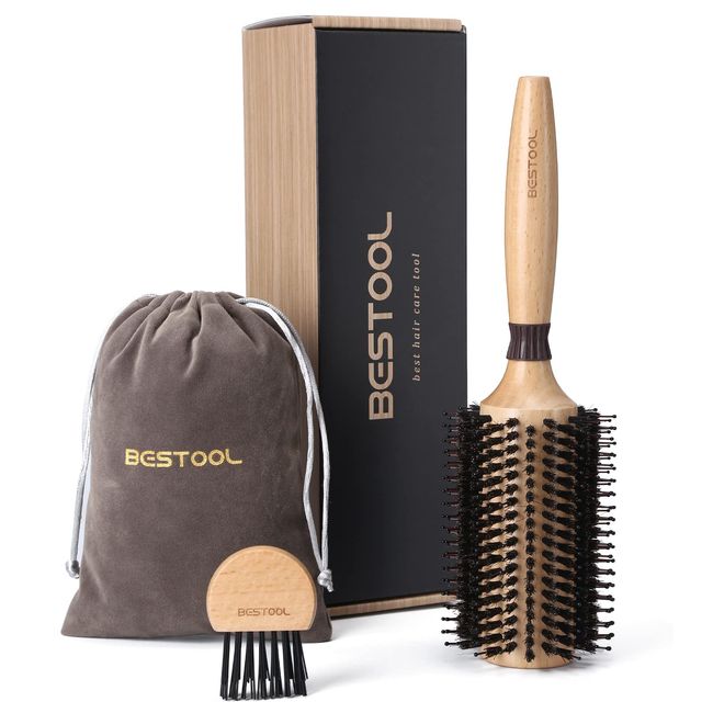 BESTOOL Round Brush for Blow-Drying, Boar Bristles with Nylon Pins Round Hair Brush, Professional Round Styling Brush for Women and Men, Straightening, Curling, Improving Hair Texture (Barrel 38mm)