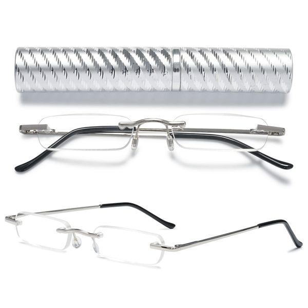 VEVESMUNDO Lesebrillen Metall Randlos Klassische Schmal Federscharnier Klein Mini Leicht Damen Herren Lesehilfe Sehhilfe Brillen mit Etui(Silber Lesebrille mit Etui, +3.5)