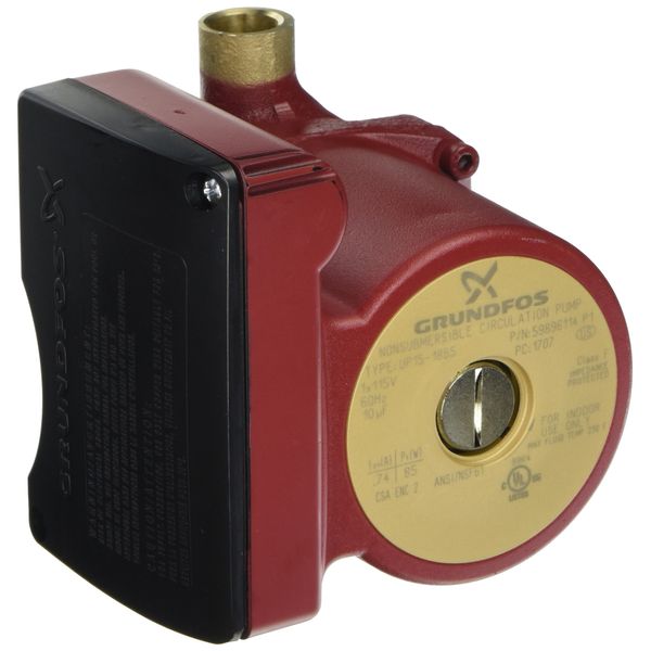 Grundfos UP15-18B5 (59896114) Pump, 1/2" Sweat End Open System Circulator, 1/25 HP 115V-Bronze, 12" x 12" x 12", Red